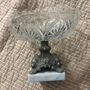 Vintage Filigree Starburst Crystal Glass and Metal Compote Dish with Marble Base